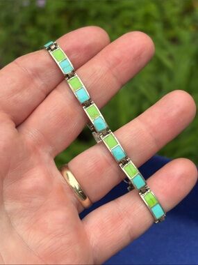 Sterling Silver Lime Green and Turquoise Tile Bracelet - Women Jewelry